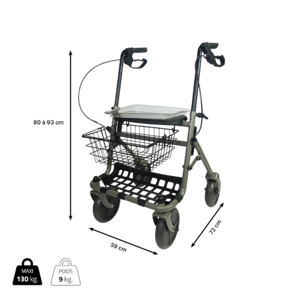 Rollator 4 roues avec plateau, panier et porte canne